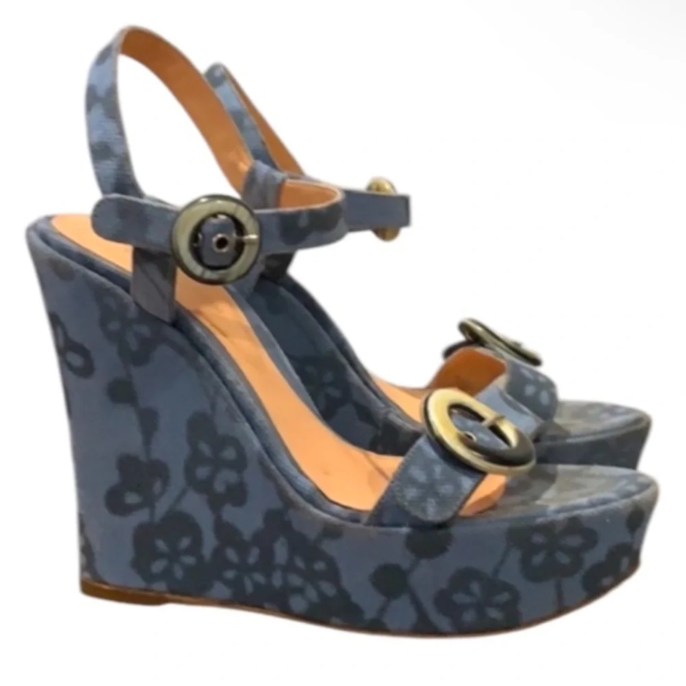 Authentic Sergio Rossi luxury designer denim blue floral canvas wedges sz 6.5